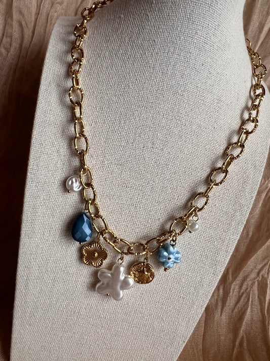 Collier Breloque Fleur Bleu