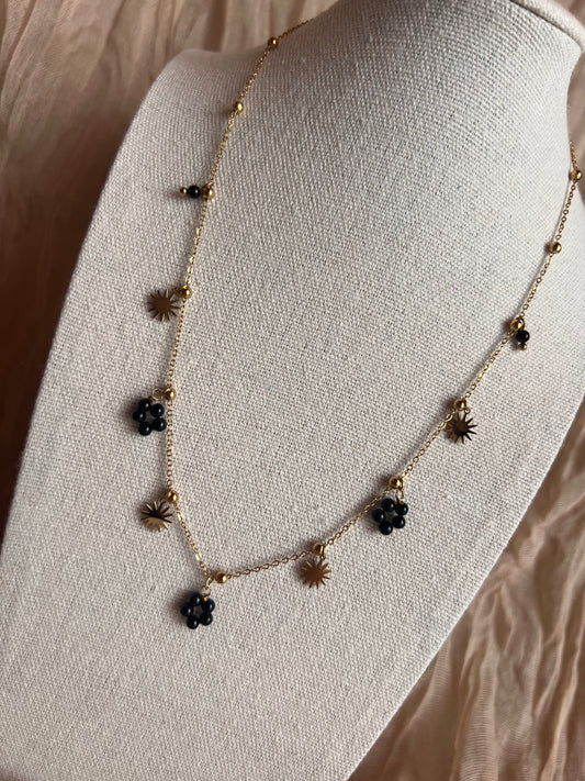 Collier Breloque Doré Fleur Agathe Noire