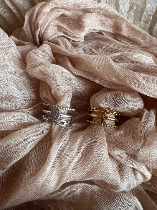Bague Dorée ou Argentée Triple Rang Etoile