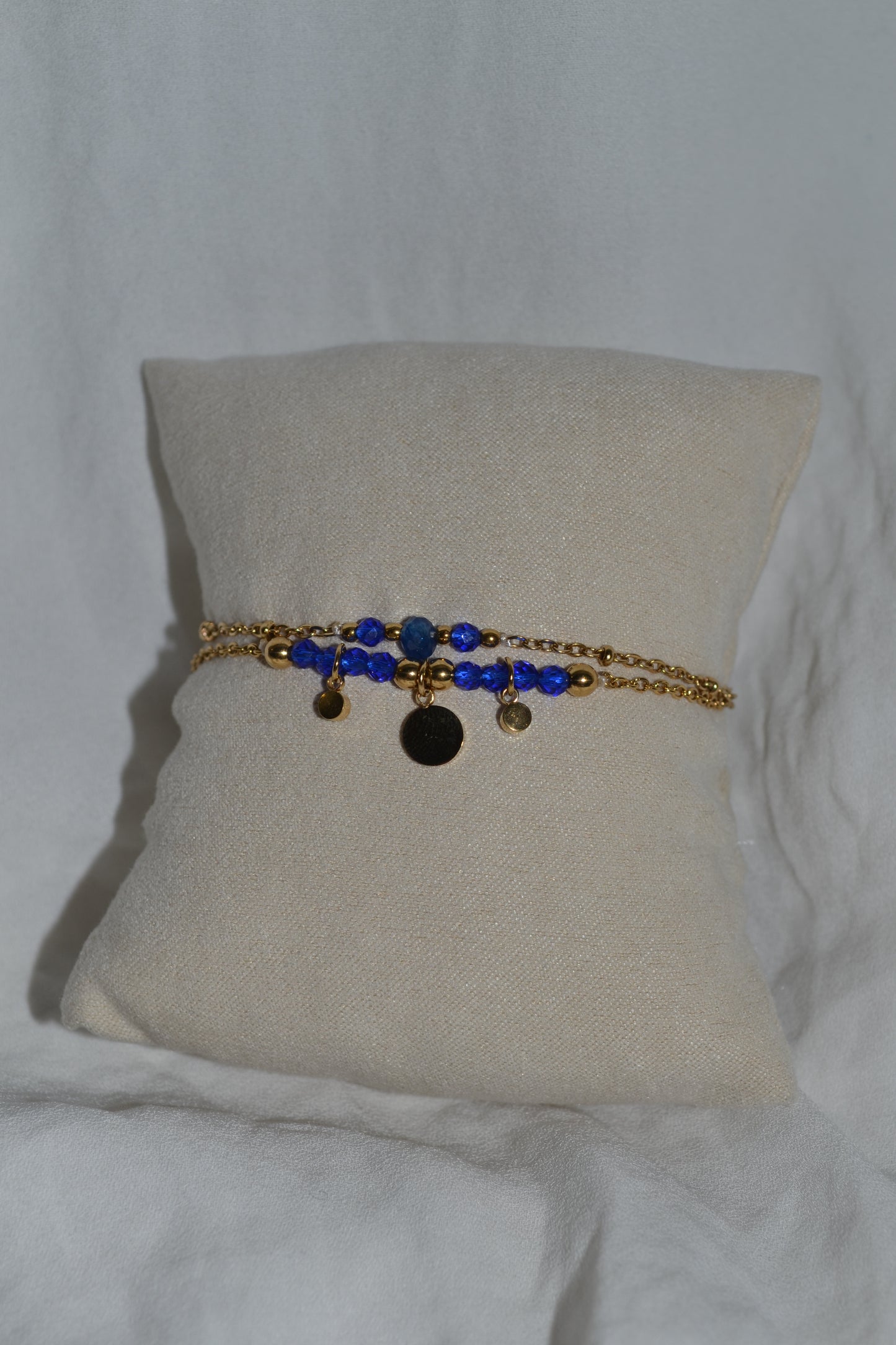 Bracelet Doré Double Chaînes Pierres Bleues et Strass
