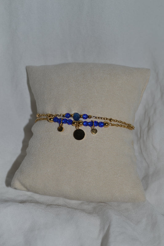 Bracelet Doré Double Chaînes Pierres Bleues et Strass