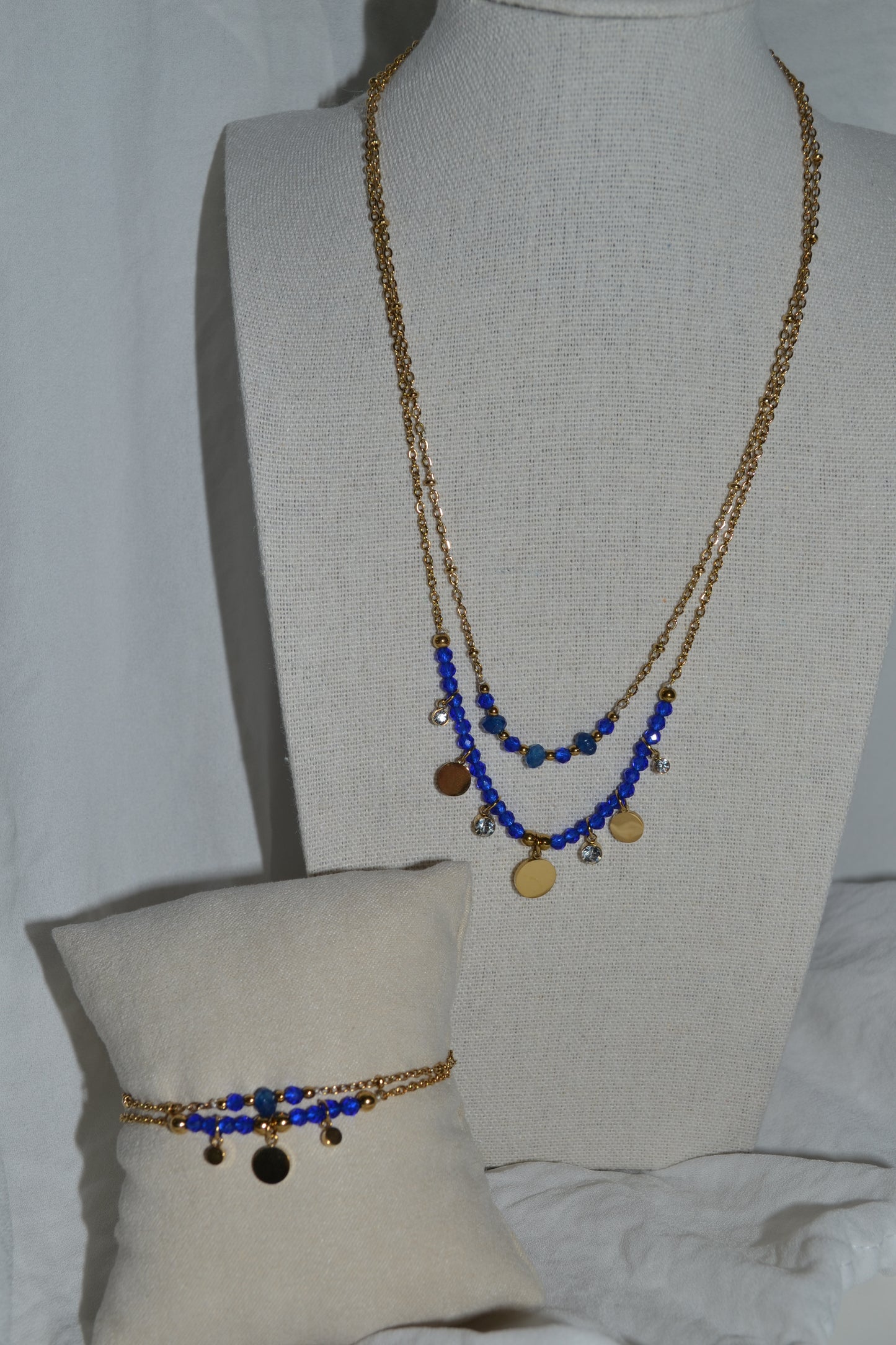 Bracelet Doré Double Chaînes Pierres Bleues et Strass