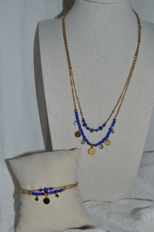 Bracelet Doré Double Chaînes Pierres Bleues et Strass